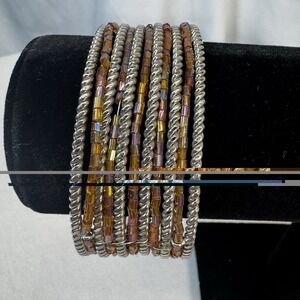 Silver Tone & Peach/Light Orange Beaded Cuff Bracelet